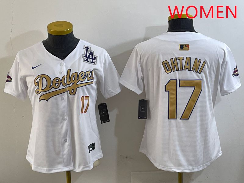 Women Los Angeles Dodgers #17 Ohtani White Champion gold character 2025 Nike MLB Jersey style 1->women mlb jersey->Women Jersey
